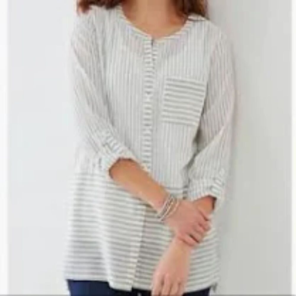 J.Jill Women White w/Black Striped Cotton Tunic Button Down Shirt size Large
